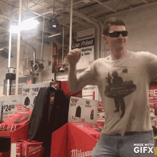 a man wearing sunglasses and a milwaukee shirt is dancing in a store
