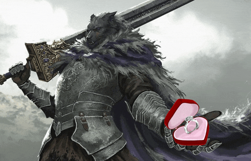 a man in armor holds a sword and a box with a ring in it