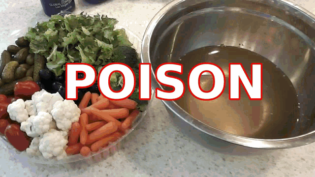a bowl of poison sits next to a plate of food
