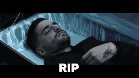 a man with a beard is laying in a coffin with the word rip above him .