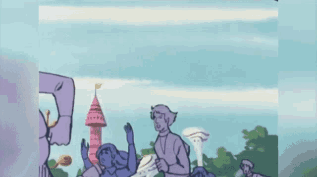a cartoon of a group of people running across a field .
