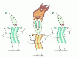three cartoon characters are dancing with hula hoops and one has a flaming head