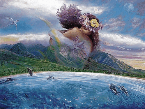 a painting of a woman with flowers in her hair and dolphins swimming in the water
