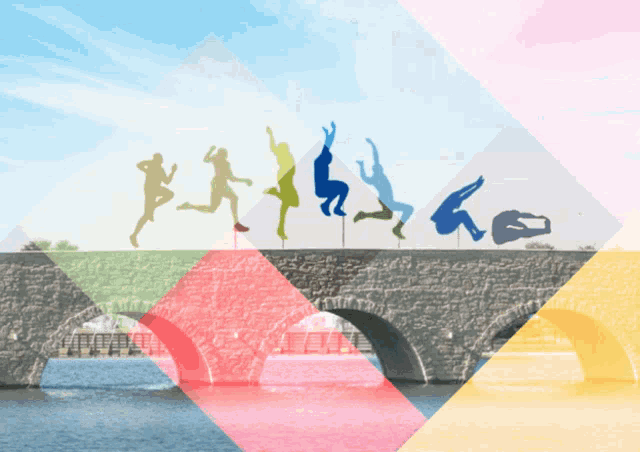 a group of people are jumping over a bridge over water