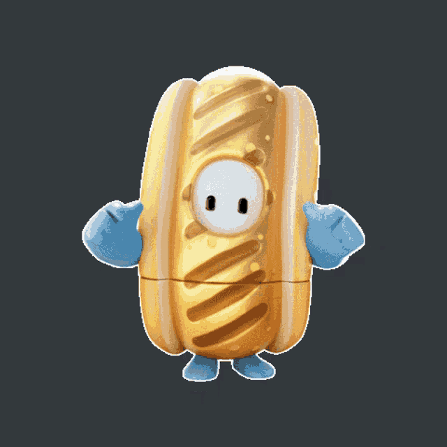 a golden hot dog with blue arms and legs
