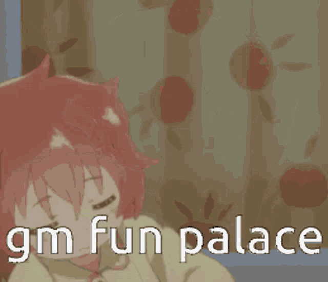 a girl with red hair is screaming with the words gm fun palace behind her