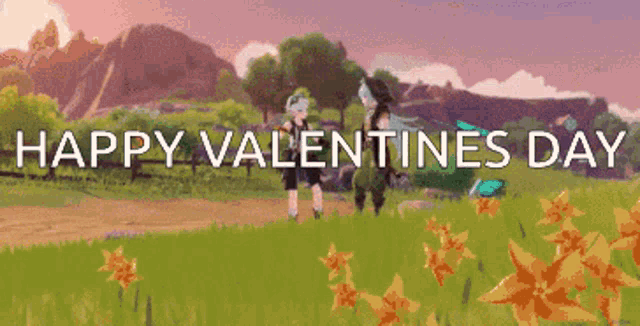 a happy valentine 's day greeting with a couple in a field of flowers