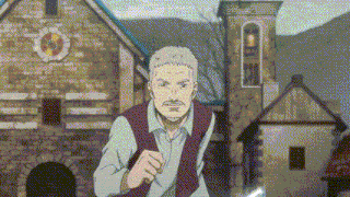 a man with a mustache is standing in front of a church in a village .
