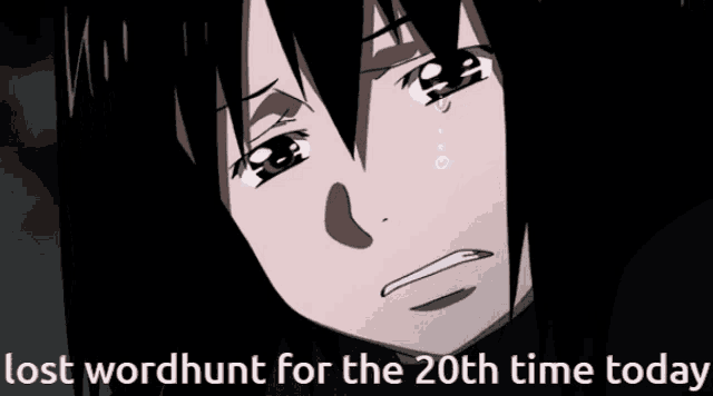 a picture of a crying girl with the words lost wordhunt for the 20th time today