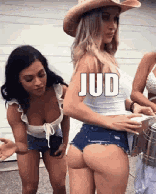 a woman in a cowboy hat and shorts is standing next to a woman in a bikini .