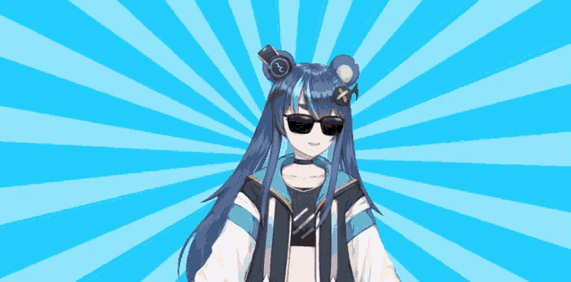 a girl wearing sunglasses and headphones stands in front of a blue and white striped background