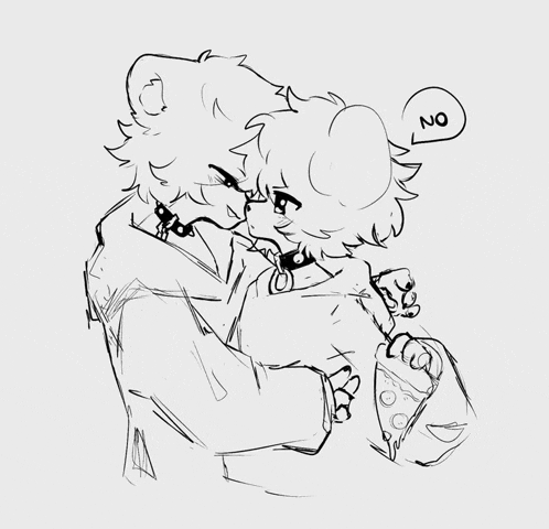a black and white drawing of a person holding another person with a speech bubble that says " no "