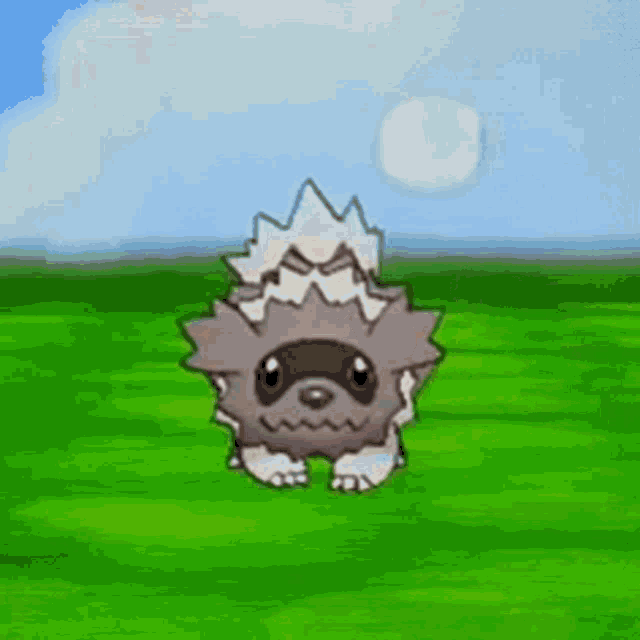 a cartoon hedgehog is standing in a grassy field with a blue sky in the background .