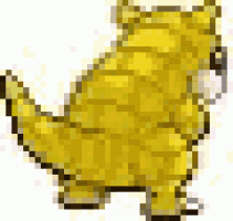 a pixel art drawing of a yellow cat with a long tail on a white background .