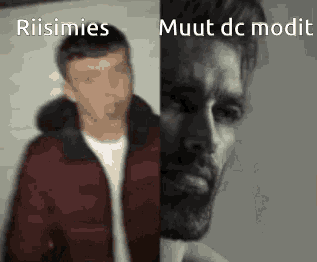 a man in a red jacket and a man with a beard are next to each other with the caption riisimies