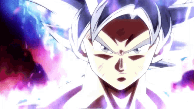 a close up of a cartoon character with white hair and a purple background