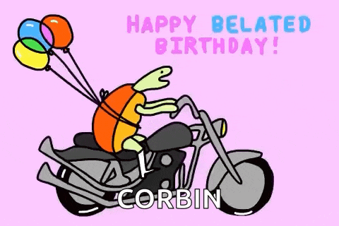 a cartoon of a turtle riding a motorcycle with balloons and the words `` happy belated birthday ! ''