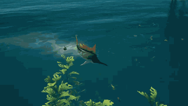a shark is swimming in the water with a fishing rod in its mouth