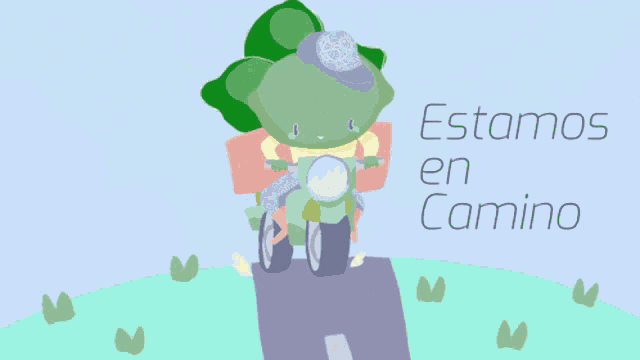 a cartoon of a frog riding a motorcycle with the words estamos en camino on the bottom