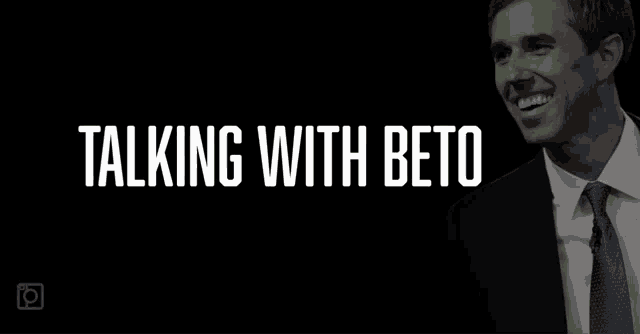 a poster for talking with beto shows a man in a suit