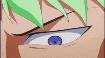 a close up of a person 's face with green hair and a purple eye