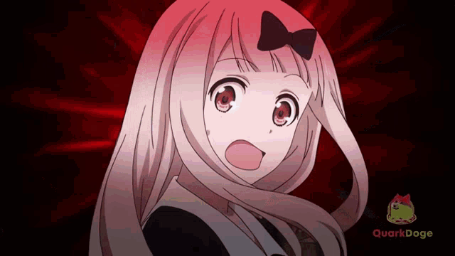 a close up of a girl with a bow in her hair and the words quarkdoge below her