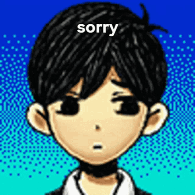 a cartoon of a boy with a choker on his neck and the words `` sorry '' written above him .