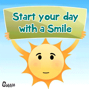 a cartoon sun is holding a sign that says " start your day with a smile "