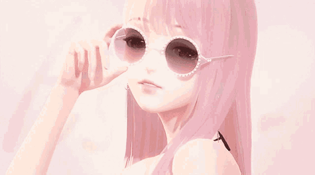 a girl with pink hair is wearing sunglasses with pearls