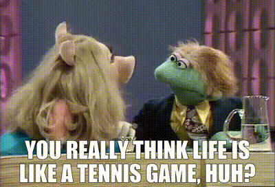 mrs. piggy and mr. frog are sitting at a table and talking about life