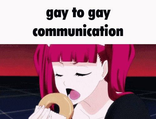 a girl with pink hair is eating a donut with the words gay to gay communication below her
