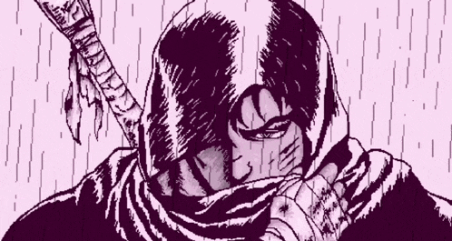 a black and white drawing of a person with a sword covering their face .