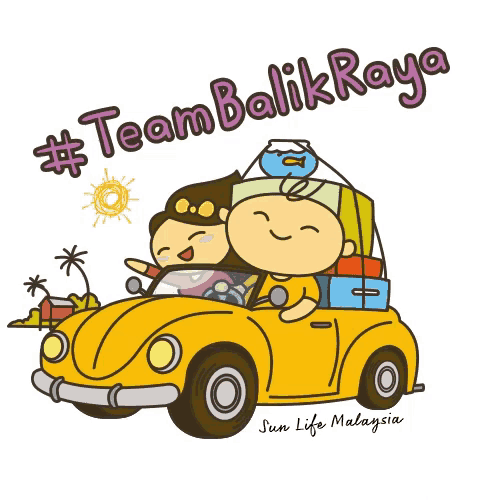 a cartoon of a man and a woman driving a yellow car with the words team balik raya written above them