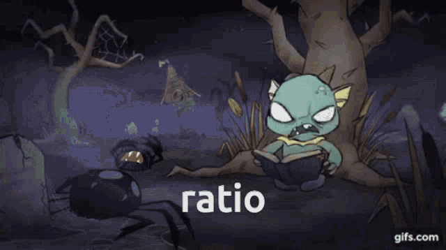 a cartoon drawing of a monster reading a book with the word ratio above it
