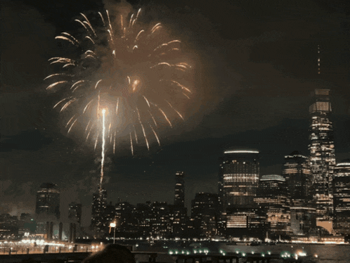 fireworks are displayed over a city at night