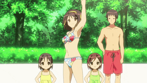 a woman in a bikini stands in front of a group of people
