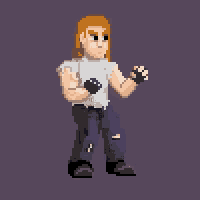 a pixel art of a man wearing gloves and ripped jeans