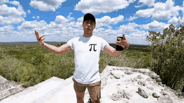 a man wearing a white t-shirt with the pi symbol on it