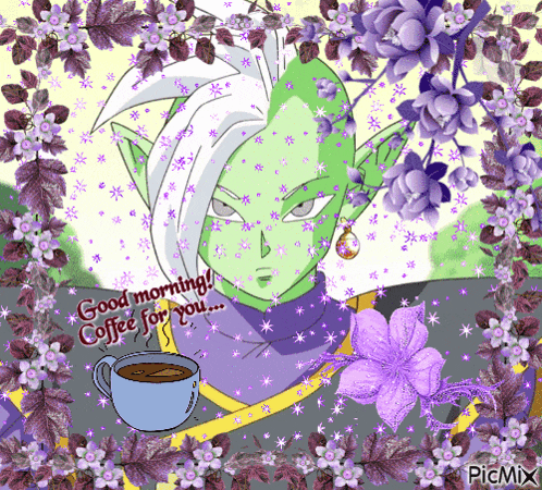 a picture of a dragon ball z character with purple flowers and a cup of coffee