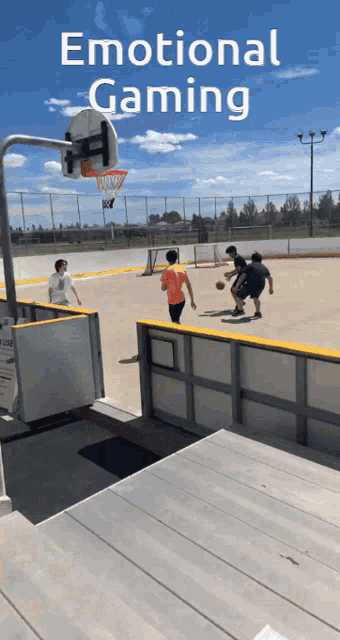 a group of people are playing basketball on a basketball court with the words emotional gaming below them