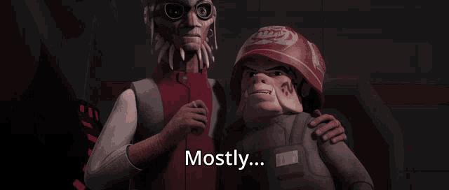 two cartoon characters are standing next to each other and one of them says mostly ...
