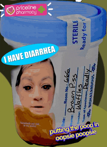 a container with a picture of a woman and the words i have diarrhea on it