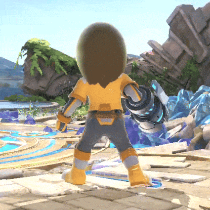 a video game character is standing in front of a cliff