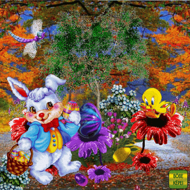 a bunny holding a basket of easter eggs is surrounded by flowers and a tweety bird