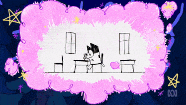 a drawing of a cat sitting at a desk with a pink cloud in the background and the letters abc on the bottom
