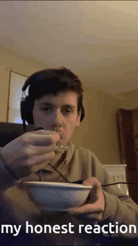a man is eating a bowl of food with the words my honest reaction written below him