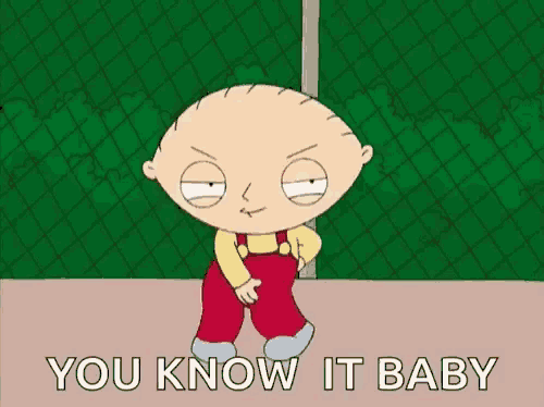stewie from family guy is dancing in front of a chain link fence .
