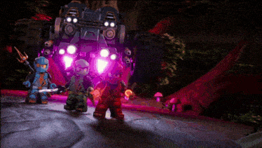 a group of lego ninjago characters standing in front of a vehicle