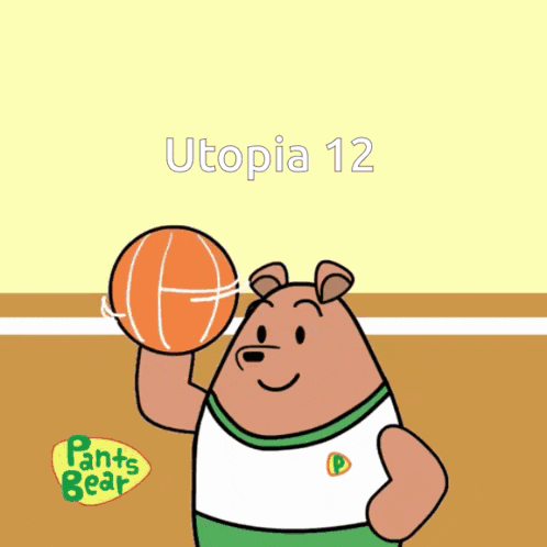 a cartoon of a bear playing basketball with the words utopia 12 slam dunk behind him