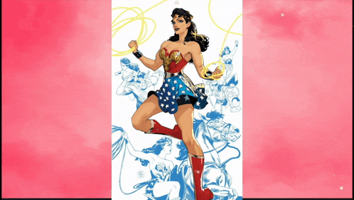 a woman in a wonder woman costume stands in front of a pink background